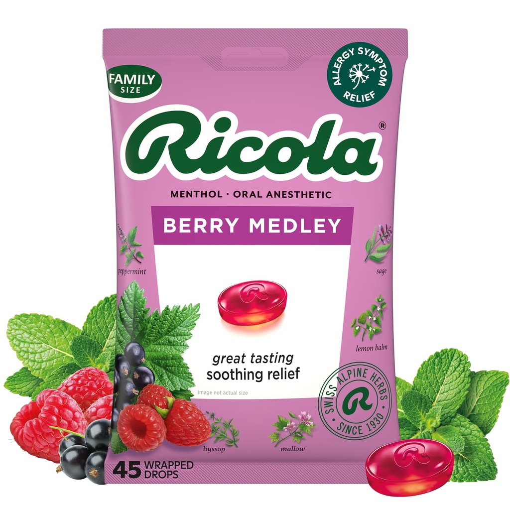 Ricola Berry Medley Troat kapljice, 45 Štetje, Okusno grlo Relief & nega, oralna anestetika, naravno arome