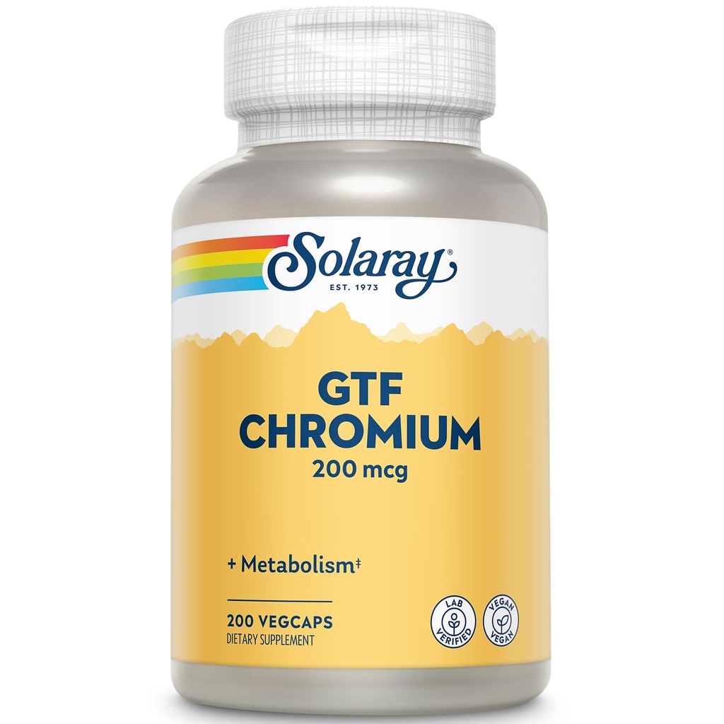 Solaray GTF Chromium 200mcg - Pure Chromium GTF 200 mcg dodatek, podpira metabolične funkcije in zdravje celega telesa za moške in ženske - 200 Veganske kapsule