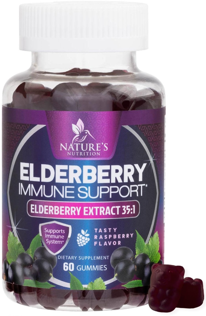 Bezgova imunska podpora Gumies - Super koncentrirana 35:1 ekstrakt, ekvivalent 4200mg Bezgove jagode - Sambucus Black Elder Berry Vitamin dodatek, Dnevna podpora za otroke in odrasle - 60 Gumies