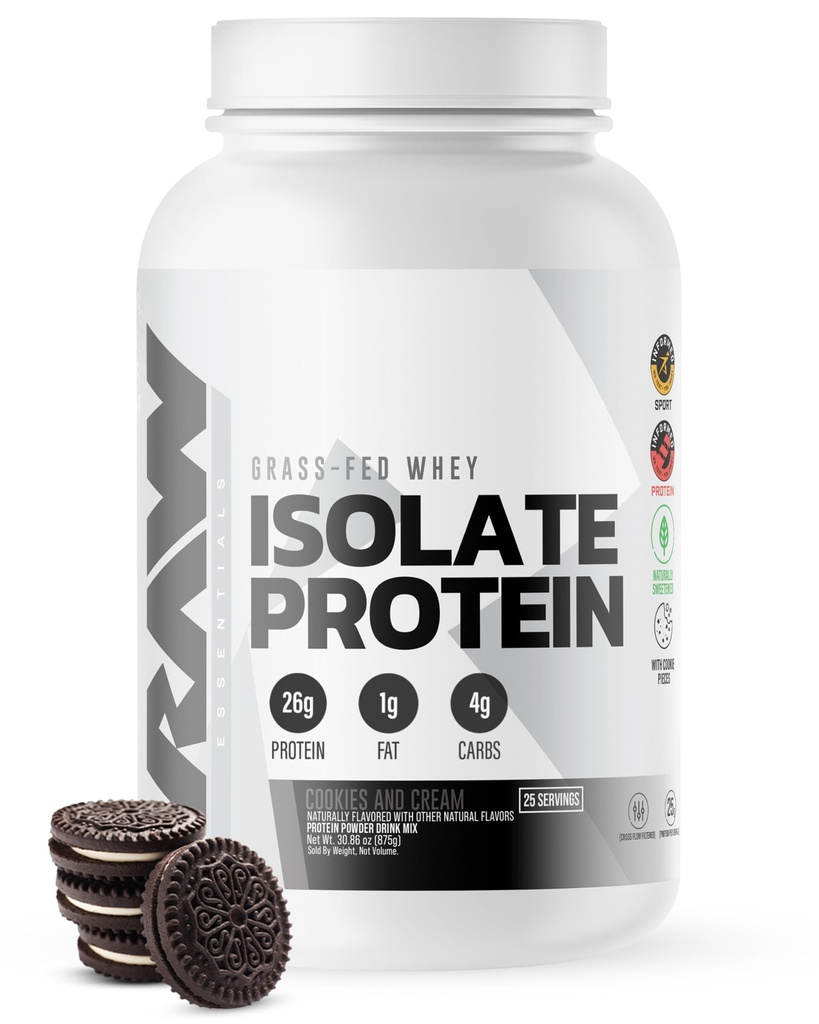 RAW Whey izolat beljakovin v prahu, Piškotki N krema - 100% travnato-krmne športne beljakovine v prahu za rast in regeneracijo mišic - Nizka vsebnost maščob, nizka vsebnost ogljikovih hidratov, naravno aromatizirana in sladkana - 25 Serving