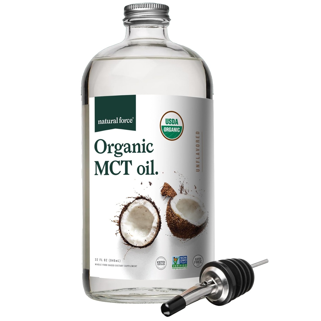 Natural Force Organic MCT Oil – Čista steklena steklenica – Izdelano iz 100% hladno stiskanega Deviškega kokosovega olja + Certified Keto, Paleo, Kosher, Vegan & Non-GMO – Lab Tested for Quality and Purity - 32 Ounce