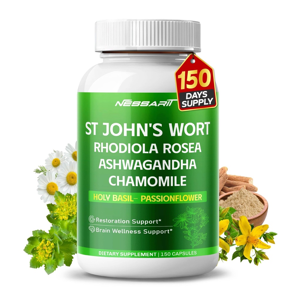 ST John's Wort 14-v-1 naravna mešanica z Rhodiola Ashwagandha Kamilica sveti Basil L-Theanine Valerian Pasijonka - 150 Count - Made & Tested v ZDA