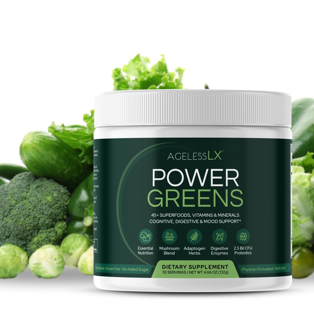 AgelessLX Power Greens, 42 Superfoods s probiotiki, Enzymes, in Prebiotic Fiber za izboljšano energijo, imuniteto in prebavno zdravje, 30 Servings