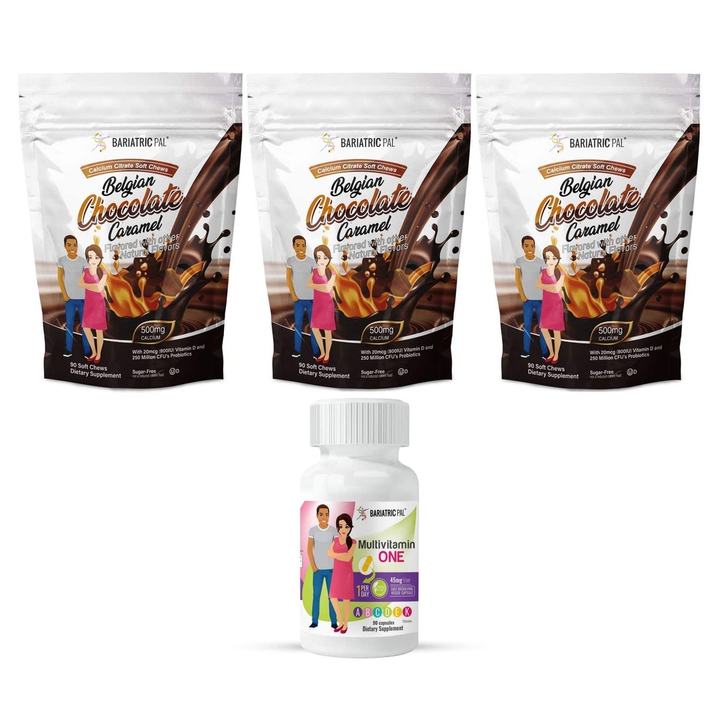 BariatricPal 90-dnevni bariatrični vitamin Bundle (Multivitamin ONE 1 na dan! Kapsula s 45 mg železovega in kalcijevega citrata Soft Chews 500mg s probiotiki – belgijska čokolada karamel)