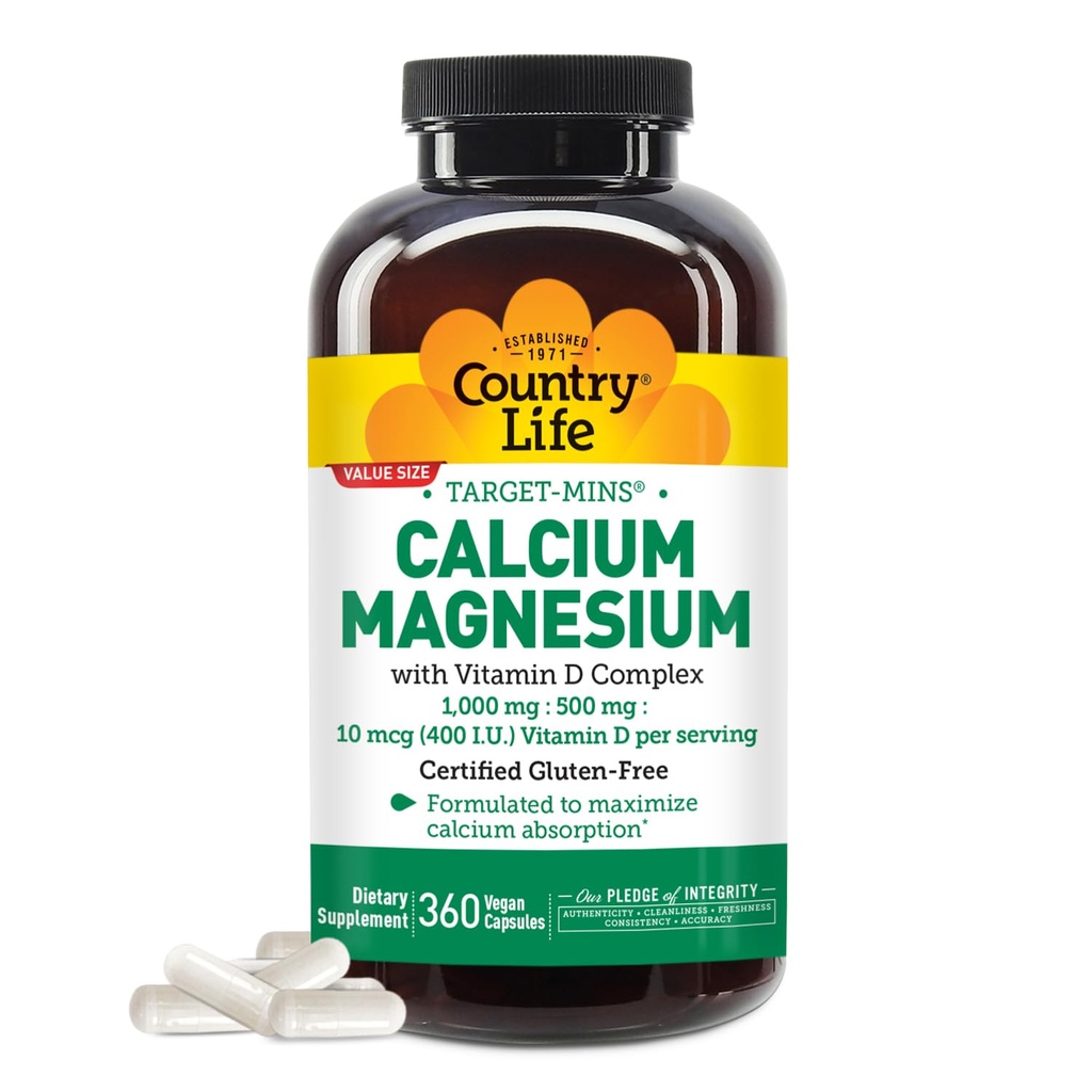 Country Life Target-Mins Kalcij Magnezij z vitaminom D-kompleks, 1000mg/500mg/10mcg, 360 Veganske kapsule, Certified Gluten Free, Certified Vegan, preverjenih ne-GMO preverjena...