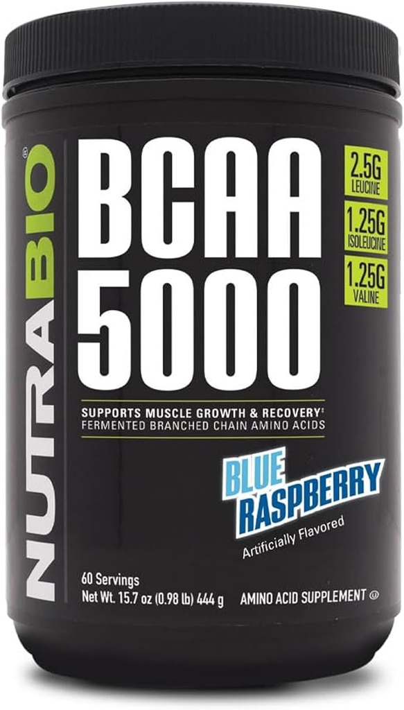NutraBio BCAA 5000 Powder - Veganski fermentirani BCAA - Podpira rast mišic, okrevanje, vzdržljivost - 60 Servisi - Modra malina