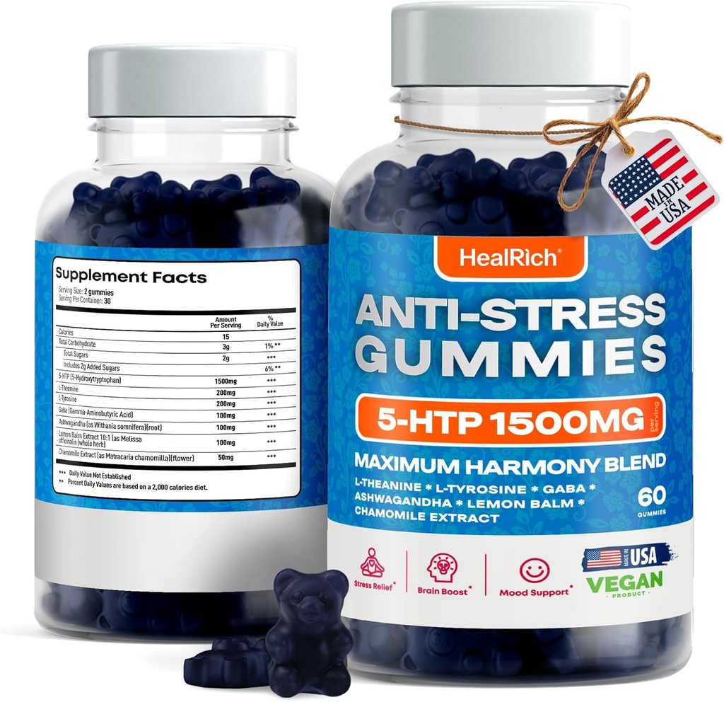 Stres Relief Gumies - 1500MG 5HTP z L-Theanine Gaba & L-Tirozin - Ashwagandha Herbal Supplements Podpira Intelektualno opozarjanje Vegan Mood Boost dodatki za otroke in odrasle Made in USA