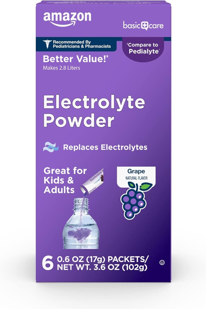 Elektrolitski paketi v prahu osnovne nege za rehidracijo za otroke in odrasle, grozdna aroma, 6 (paket po 1)
