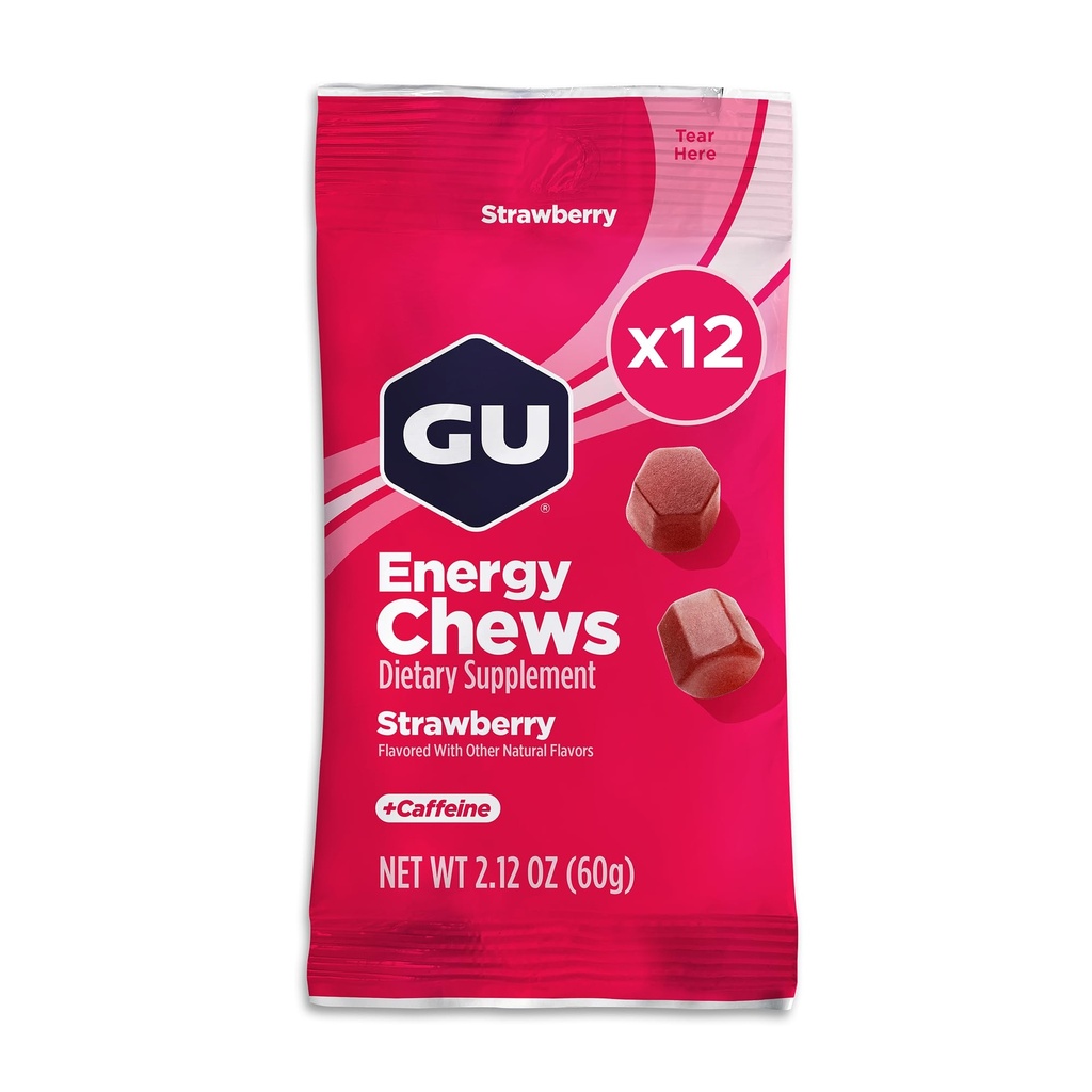 GU energijski žveči, jagodni energijski žvečilni gumiji z elektroliti, Veganom, Gluten-free, Kosherjem, 20 mg kofeina in Mlečni-free on-the-Go energijo za vse vadbe, 12 vrečk (24 obrokov skupaj)