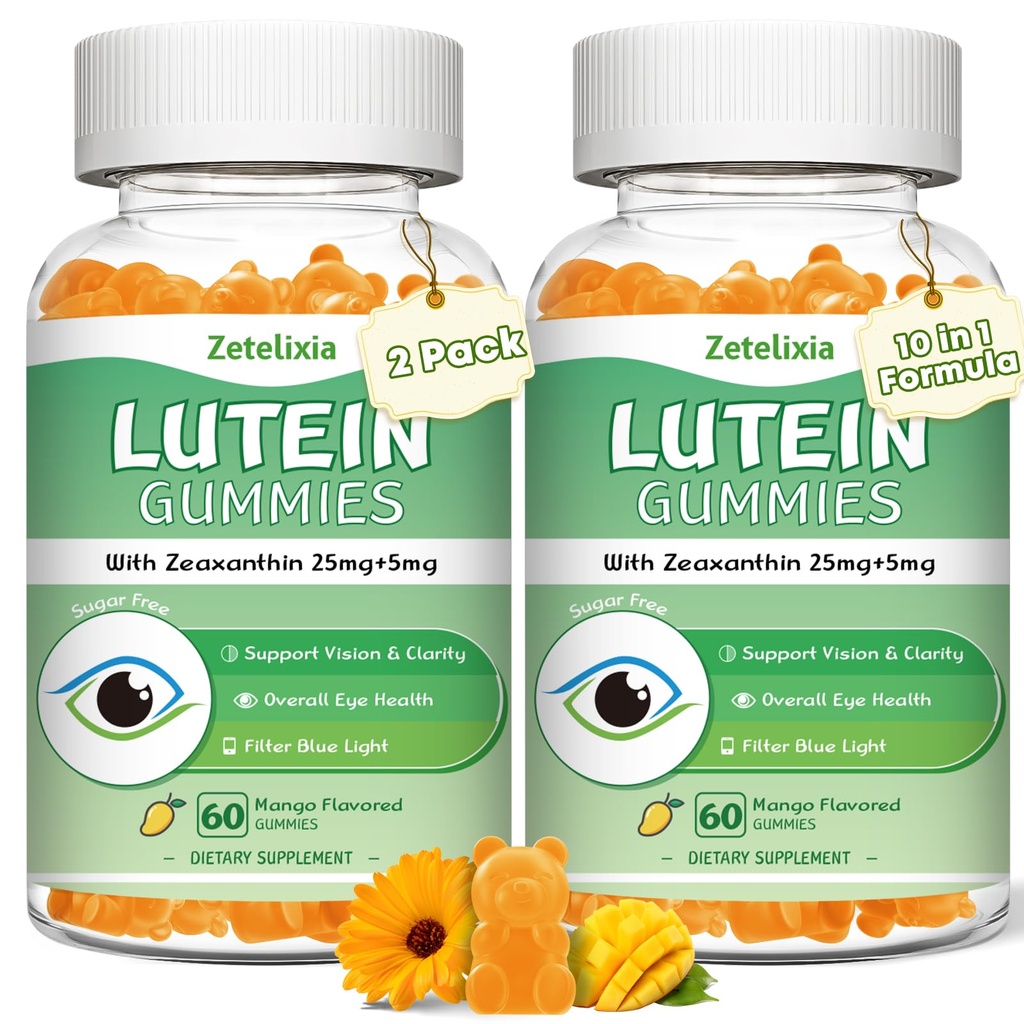 2 Pack Lutein Gumies 25mg, Sugar Free Lutein Zeaksantin dopolnila Gumies, Eye Health dodatek za odrasle, Eye Vitamini Lutein za vid in zaščito modre svetlobe, Mango Flavor, 120 Count
