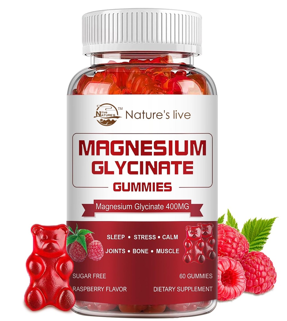 Magnezij Glycinate Gumies, Sugar Free Magnezij dodatek z Magnezij Glycinate 400mg, Magnezij L-treonate 200mg za mirno razpoloženje, mišice, kosti in spanje za odrasle, 60 Raspberry Gumies