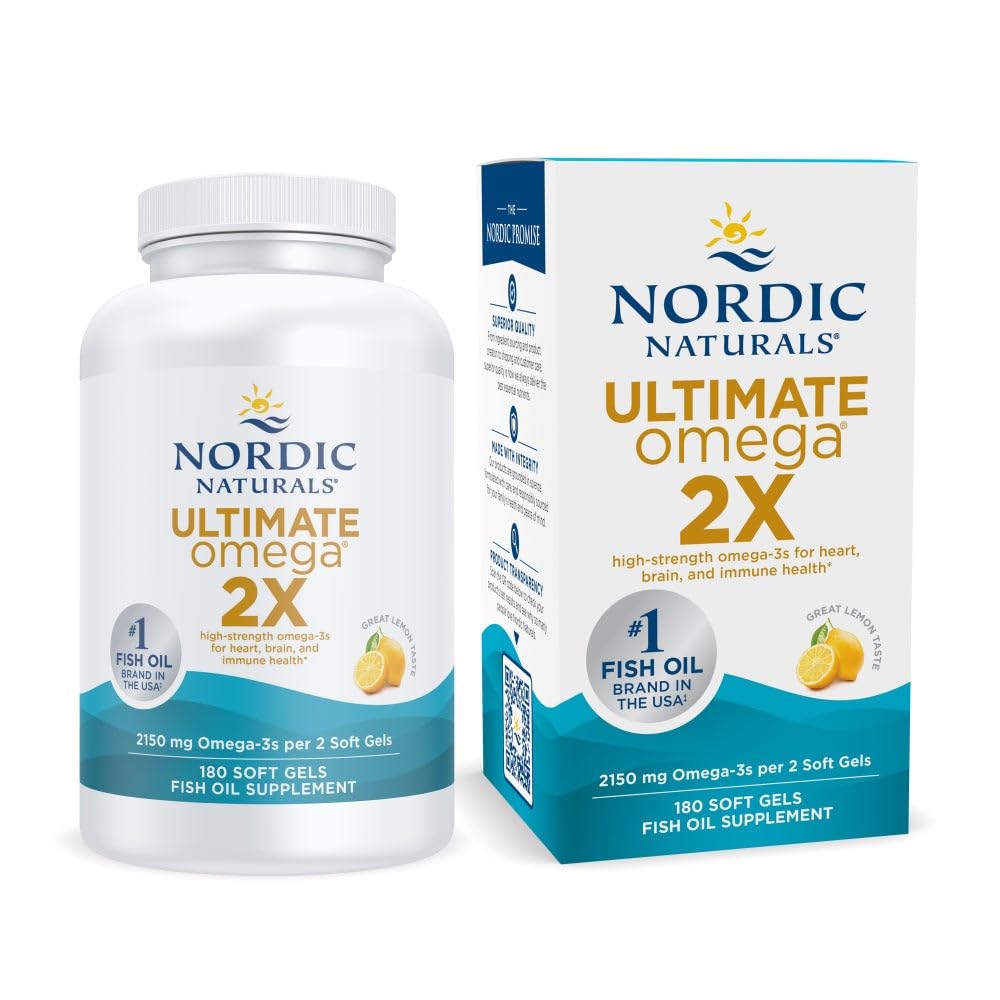 Nordic Naturals Ultimate Omega 2X, Lemon Flavor - 180 Soft Gels - 2150 mg Omega-3 - Visokopotezno ribje olje z EPA & DHA - Spodbuja zdravje možganov in srca - Non-GMO - 90 Servings