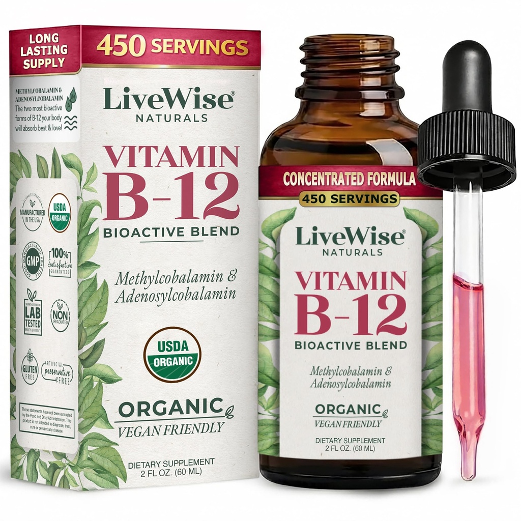 Tekoči B12 Vitamin Podjezična – Vsenaravni tekoči vitamin Vegan B12 Kapljice – Ne-GMO Adenosylcobalamin Metilkobalamin B12 Dodatek – Poživite vaš imunski sistem, Presnova, Energija in Fokus!