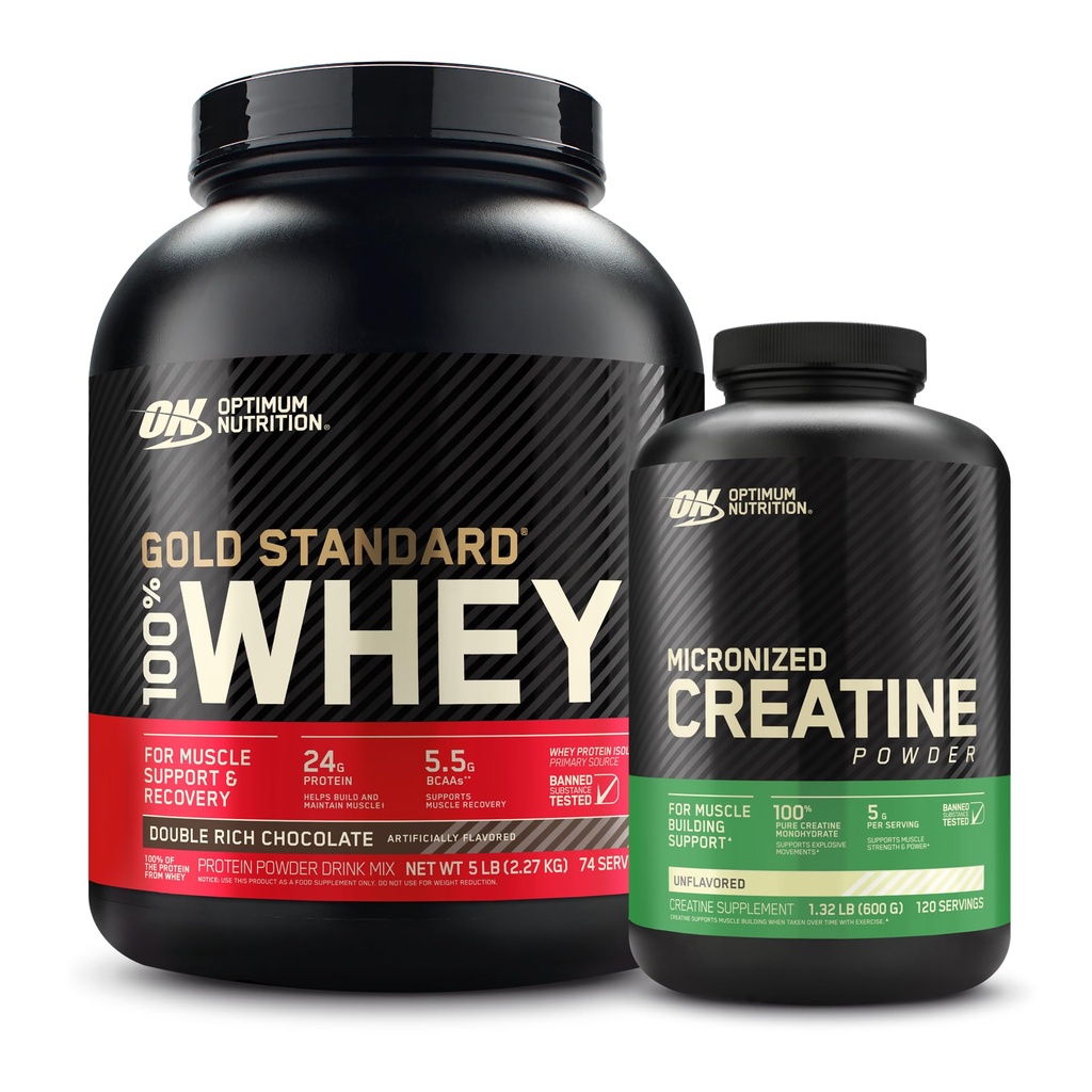 Optimum Nutrition 100% Gold Standard Whey Protein v prahu: dvojno bogata čokolada (5 pound) z mikroniziranim kreatin monohidrat v prahu, nearomatiziran (120 serving) - paket