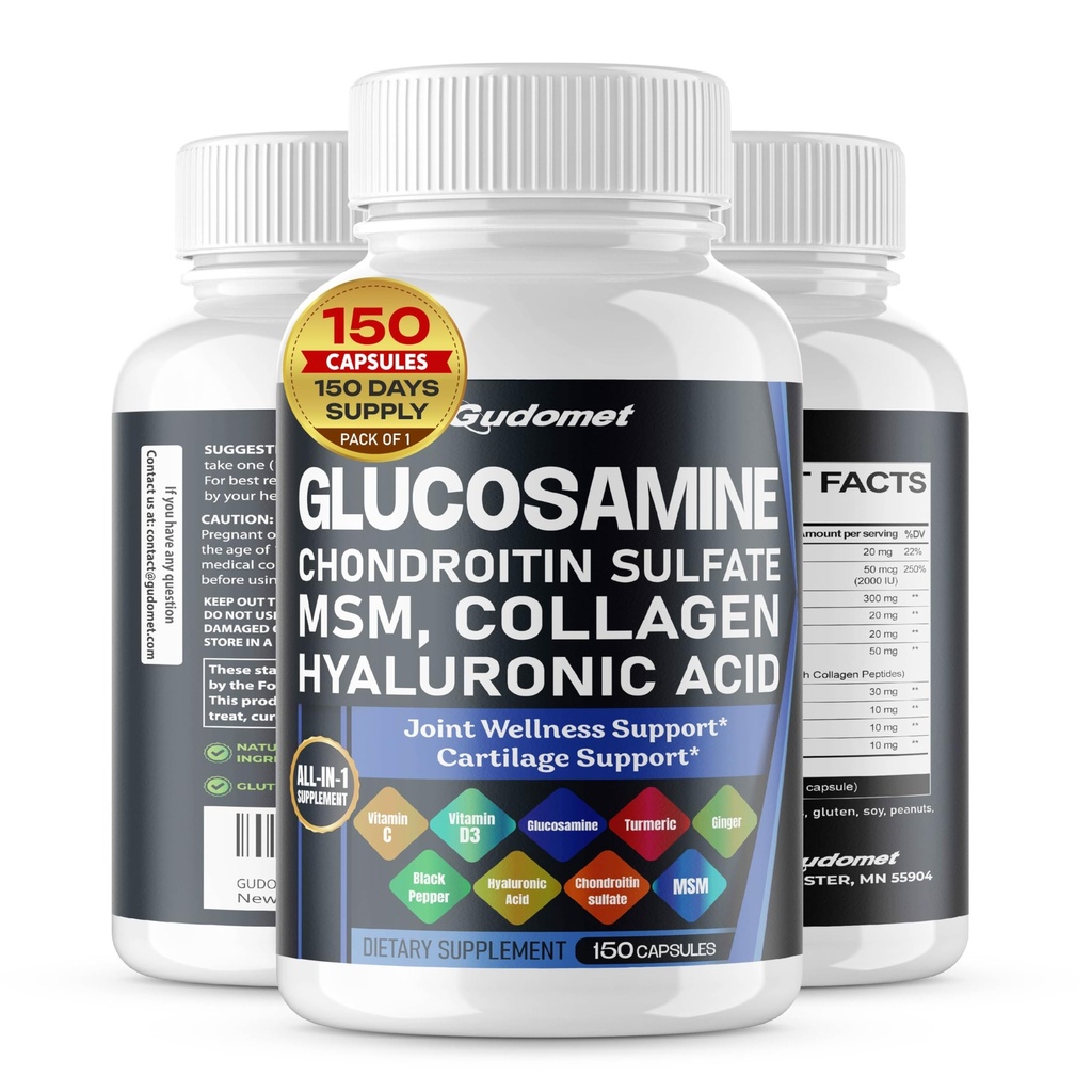Glukozamin hondroitin sulfat metilsulfonilmetan hialuronska kislina ingver Vitamin C, D3, črni poper -150 Kapsula- Izdelano v ZDA