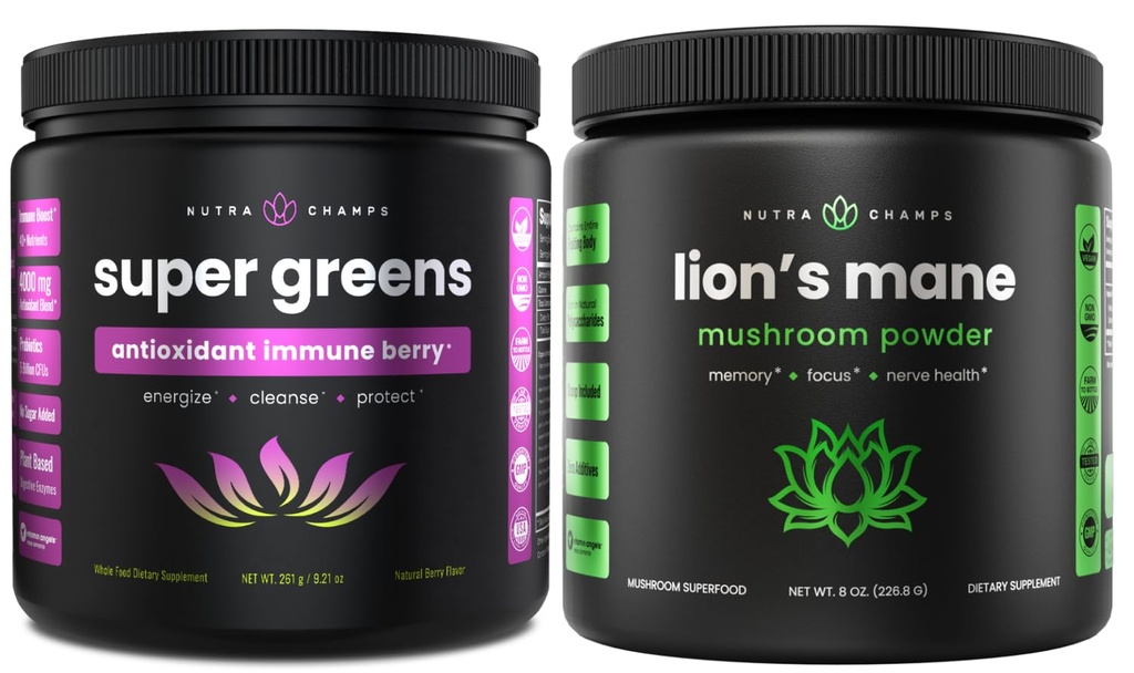 NutraChamps Super Greens Antioksidant & Lion's Mane Powder. Prebavna, Imunitetna in Adaptogen podpora