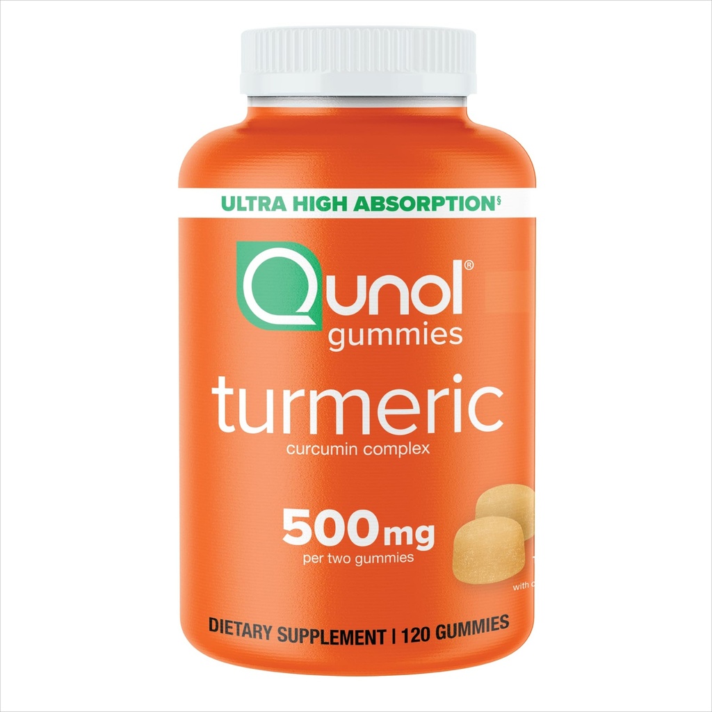 Qunol Turmeric Gummies, Gummy s 500mg Kurkumin, Skupni dodatek za podporo, Ultra visoka absorpcija Tumerski kurkumin, Vegan, Gluten brezplačno, 2 Mesec dobave, 120 Število