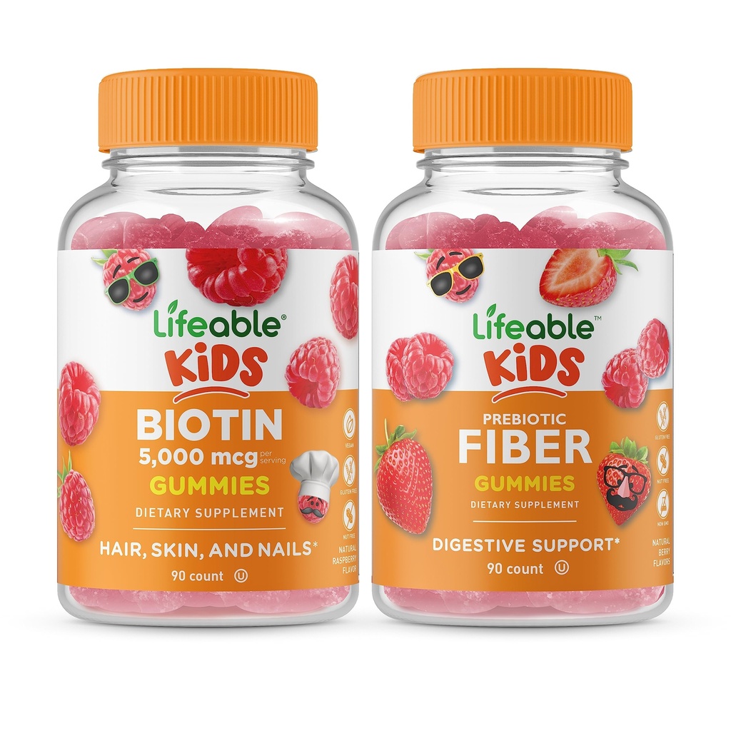 Lifeable Biotin Otroci + Prebiotic Fiber Otroci, Gummies Bundle - odličen okus, Vitamin dopolnilo, Gluten brezplačno, GSO brezplačno, Žvečljivi Gummy