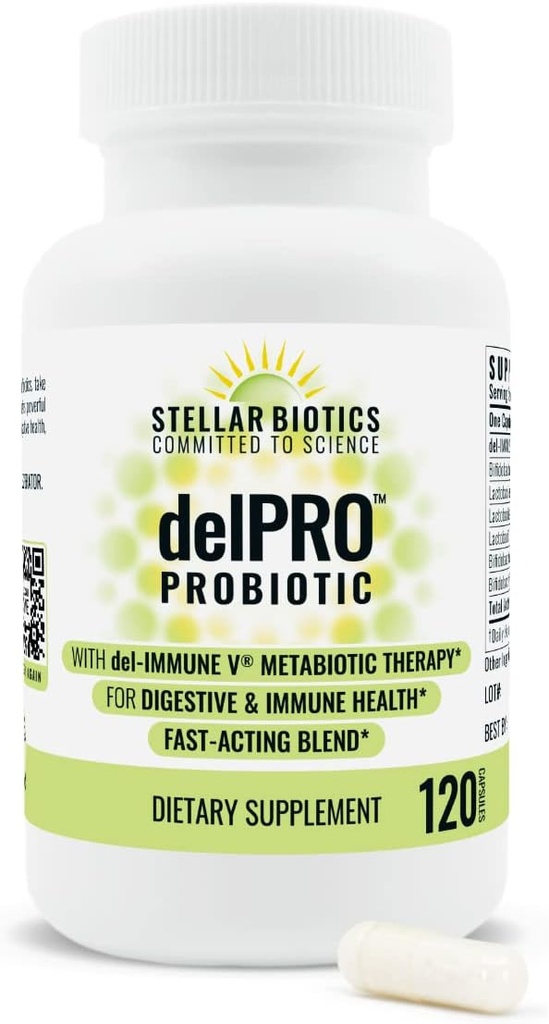 Del-Immune V® + Delpro Probiotic & Prebiotic Mešanica s Stellar Biotics - spodbuja optimalno zdravje, prebavo, imunosupresivno podporo in razpoloženje (120 kapsul)