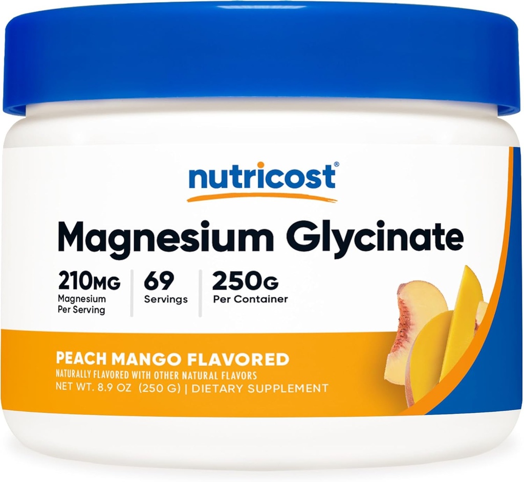 Nutricost Magnezij Glycinate Prašek (Peach Mango, 250 Grams) - Magnezijev glicinat (kot Bisglicinat)