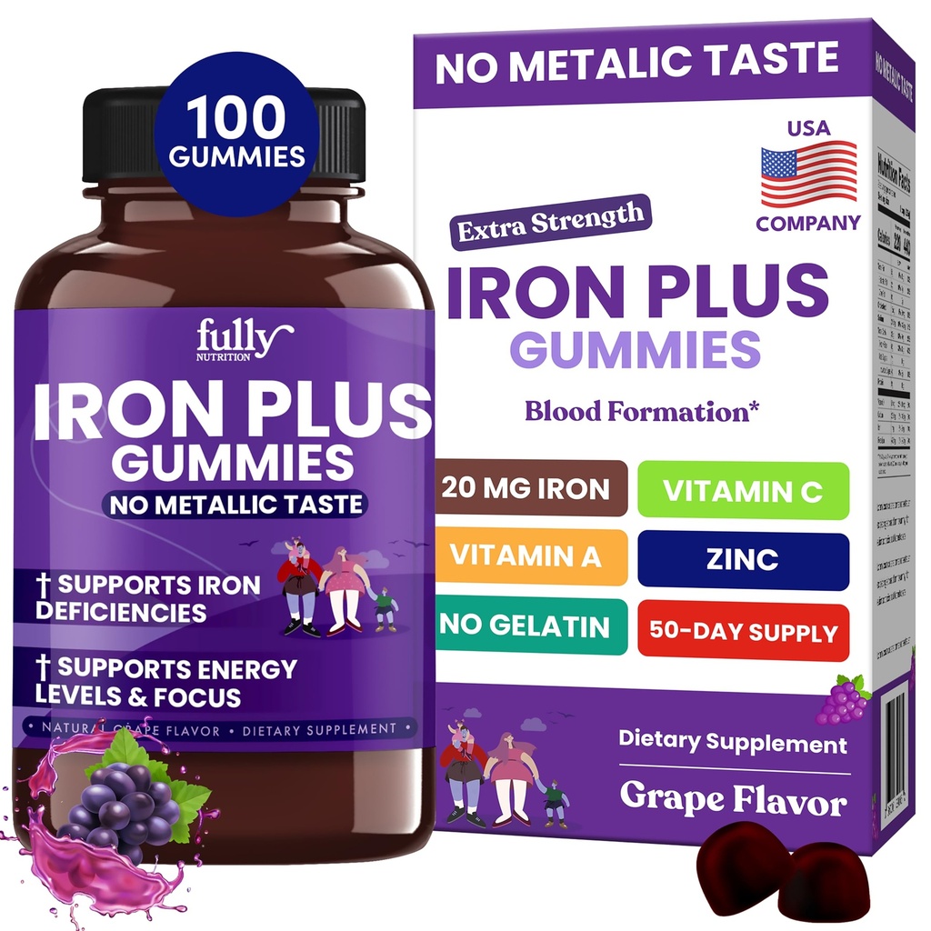 Iron Gummies dopolnila za ženske, moške in otroke – zdravje kri in energija podpora za pomanjkanje železa, anemija, št po okusu- sveže grozdne arome- 100 Gummies (50 dni dobave)
