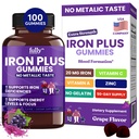 Iron Gummies dopolnila za ženske, moške in otroke – zdravje kri in energija podpora za pomanjkanje železa, anemija, št po okusu- sveže grozdne arome- 100 Gummies (50 dni dobave)