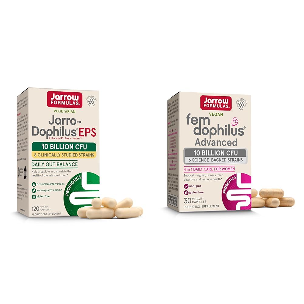 Jarrow Formulas Probiotics Bundle z Jarro-Dophilus EPS 10 milijard CFU 120 Caps in Fem-Dophilus Advanced 10 milijard CFU 30 Caps