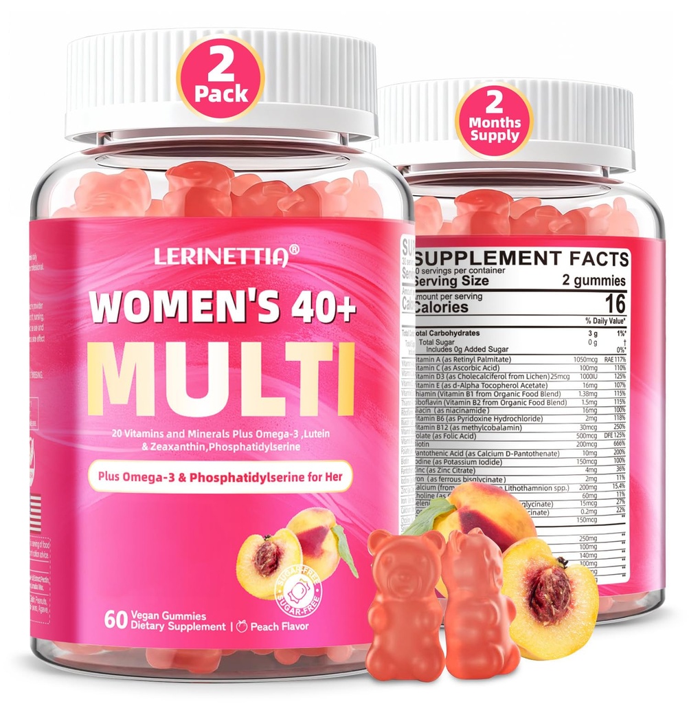 Multivitamin za ženske Gumiji za 40+ z Omega-3, Niacinamid, B-kompleks, Lutein, železo, holin, fosfatidilserin, vitamin D3 za kožo, lase, energijo, imuno, kosti - Vegan, sladkor brez, 120Cts