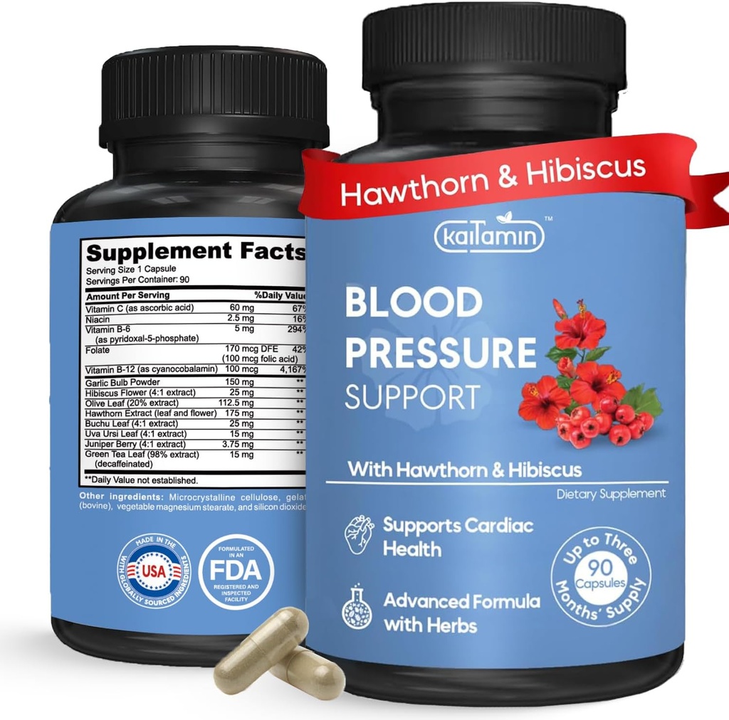 Podpora krvnega tlaka – Naravni Hawthorn, Hibiscus, Česen & Olive Leaf – Health & Circulation Podpora – B12, B6 – Vegan, Non-GMO – 90 Caps (3-mesečna dobava)