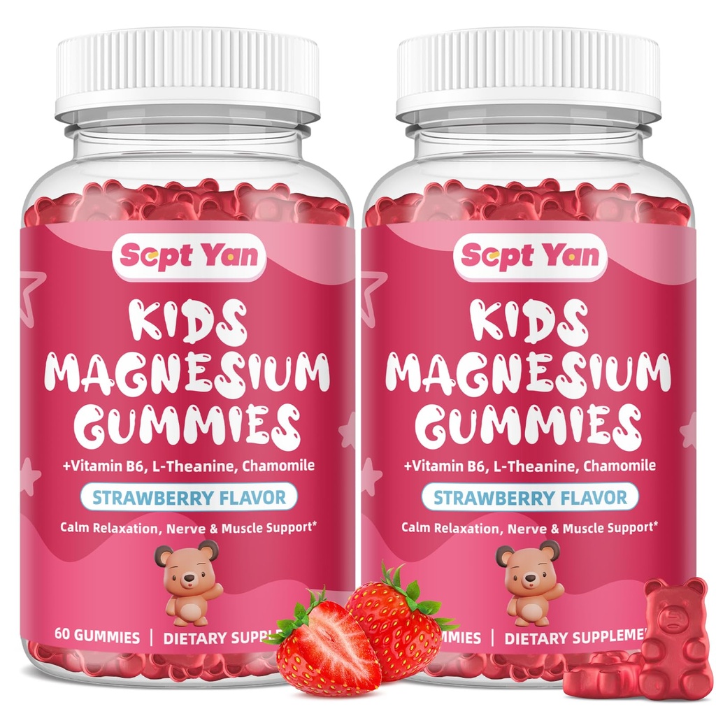 (2 paket) Magnezij Gumiji za otroke - Magnezijev Citrat dodatek z vitaminom B6, L-teanin, Kamilica & Lemon Balm - Calm Magnezij za otroke in odrasle spanje, sprostitev - Jagoda,120 Gumies