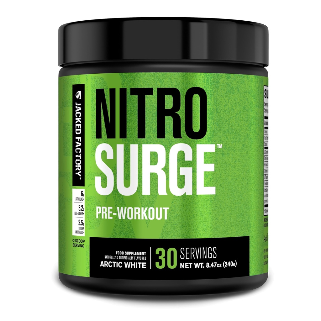 Jacked Factory NITROSURGE Pre Workout dodatek - Neskončna energija, Instant moč pridobi, Jasno Fokus, Intenzivno črpalke - NO Booster & Močni Preworkout Energy Powder - 30 Servings, Arktična bela