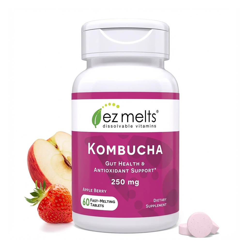 EZ taline Nerešljive tablete brez sladkorja Kombucha s kisom SCOBY & Apple Cider, Gut Health Supplements za moške in ženske, okus Apple Berry, 2-mesečna dobava - 1 pakiranje