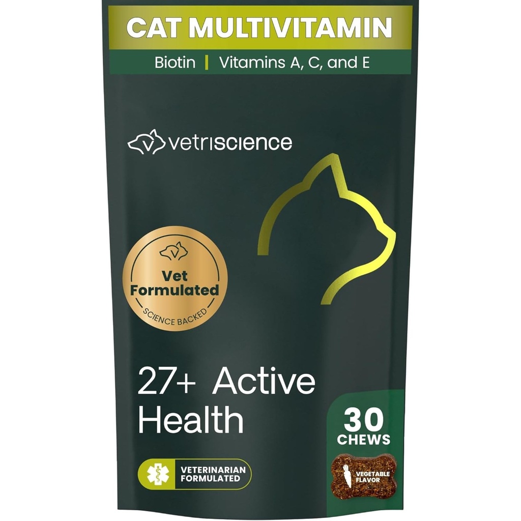 VetriScience 27+ Aktivno zdravje Chews, Nu Cat Daily Multivitamin za mačke in mačke, Uravnoteženi vitamini, Minerali in antioksidanti, Zdravje in Wellness Podpora, Ribe, 30 Število