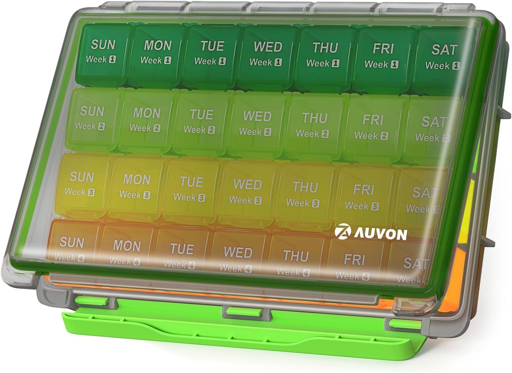 AUVON Moistrure-Proof Mesečne tablete Organizator, velike 28 dni tablete Box Primer z Odstranljivi 4 Tedni Medicina Organizator vrstice, Potovanja prijazno za shranjevanje ribjega olja, Vitamini, Dodatki, Zdravila