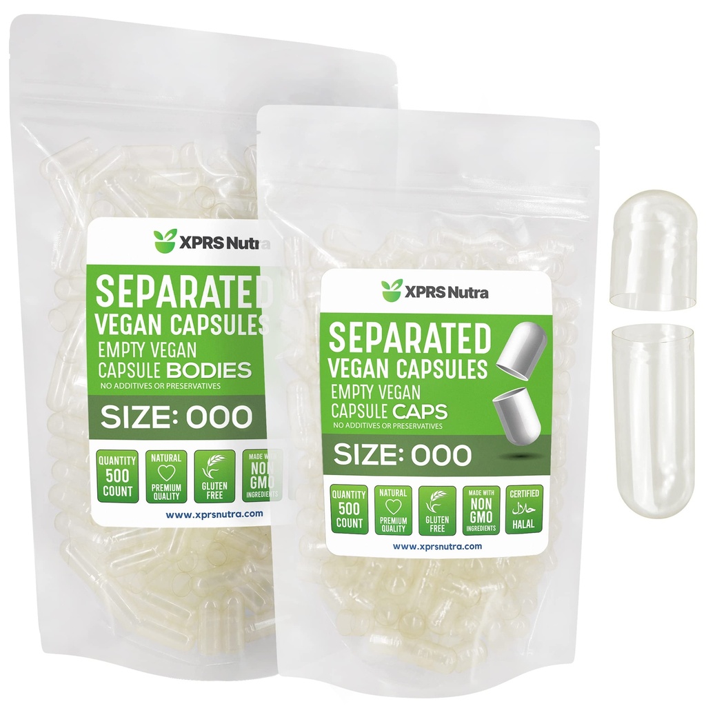 XPRS Nutra Vegan Velikost 000 Ločene kapsule- 500 Štetje Premium prazne kapice, ločene v vrečah - počistite prazne kapsule - 000 tablet za polnjenje DIY