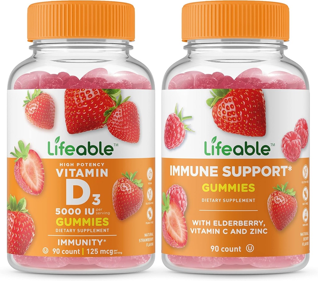 Življenjski vitamin D 5000 i.e. + Imunska podpora, Gummies Bundle - odličen okus, vitaminski dodatek, brez glutena, brez GSO, žvečljivi gumi