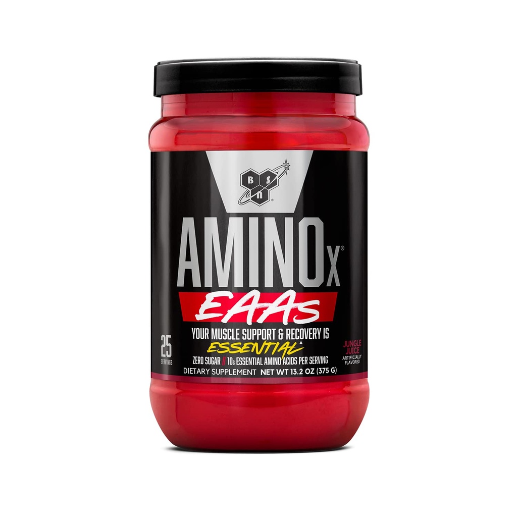 BSN Amino X EAA, regeneracija mišic in vzdržljivosti, 10g esencialne aminokisline, 5g BCAA, nič sladkorja, kofein brez, Jungle Juice, 13.2oz, 25 Serving