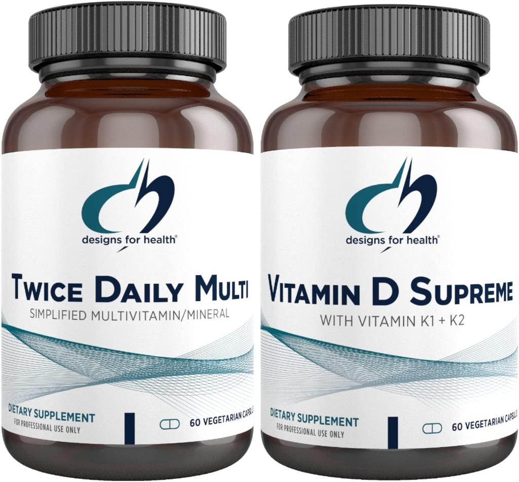 Designs for Health Multivitamin + Vitamin D/K Supplement paket - dvakrat dnevno Multi (60 kapsul) z vitaminom D Supreme (60 kapsul) 5000 i.e. vitamin D3