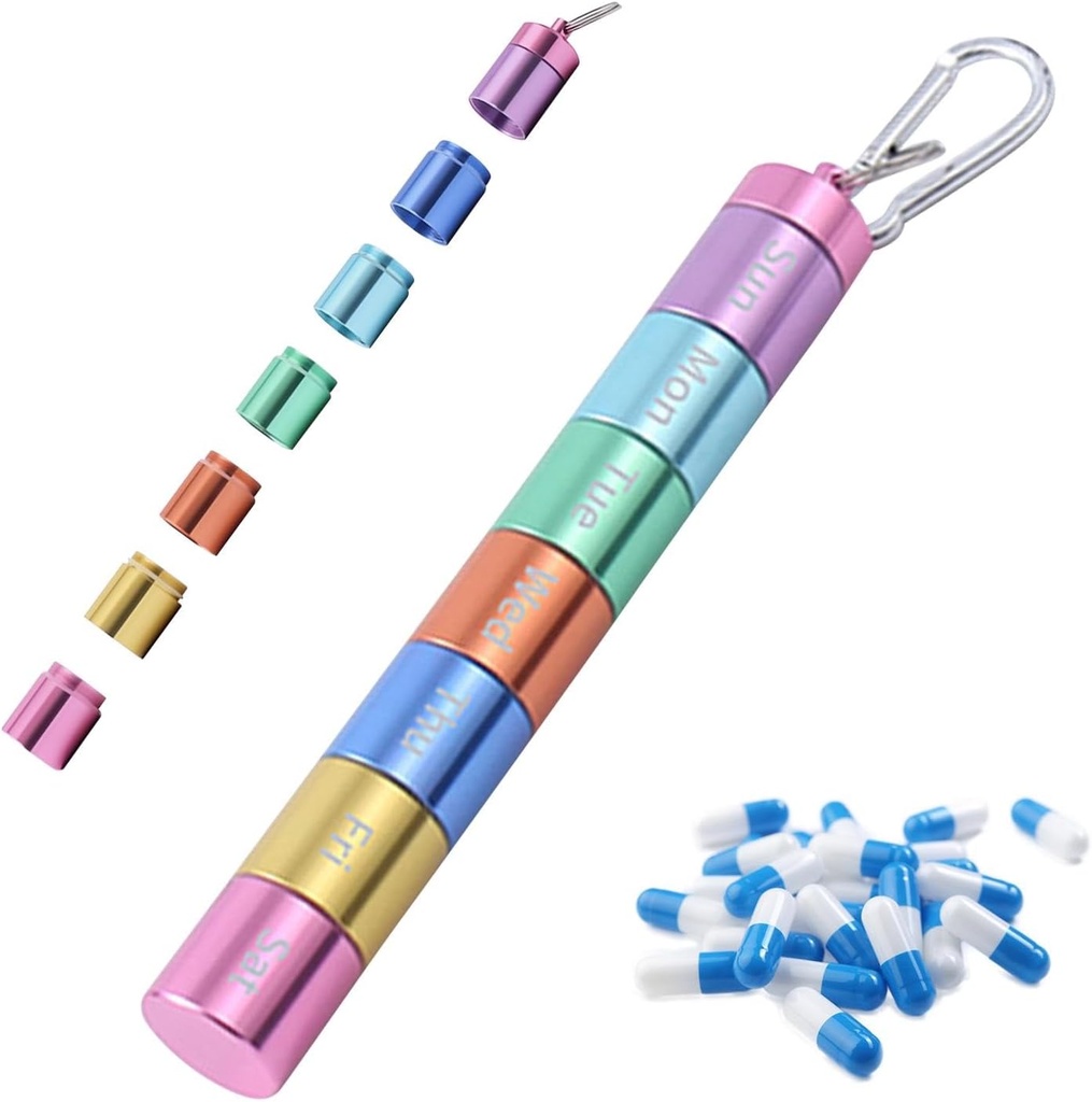 Box tablete Organizator, Prenosni tedenski tabletke Box, 7 dan 1 krat na dan Kompartmenti Tablete Organizator Box, Mavrične kovinske tablete Imetnik Vodoodporne tablete Zabojnik za Keychain za kampiranje na prostem