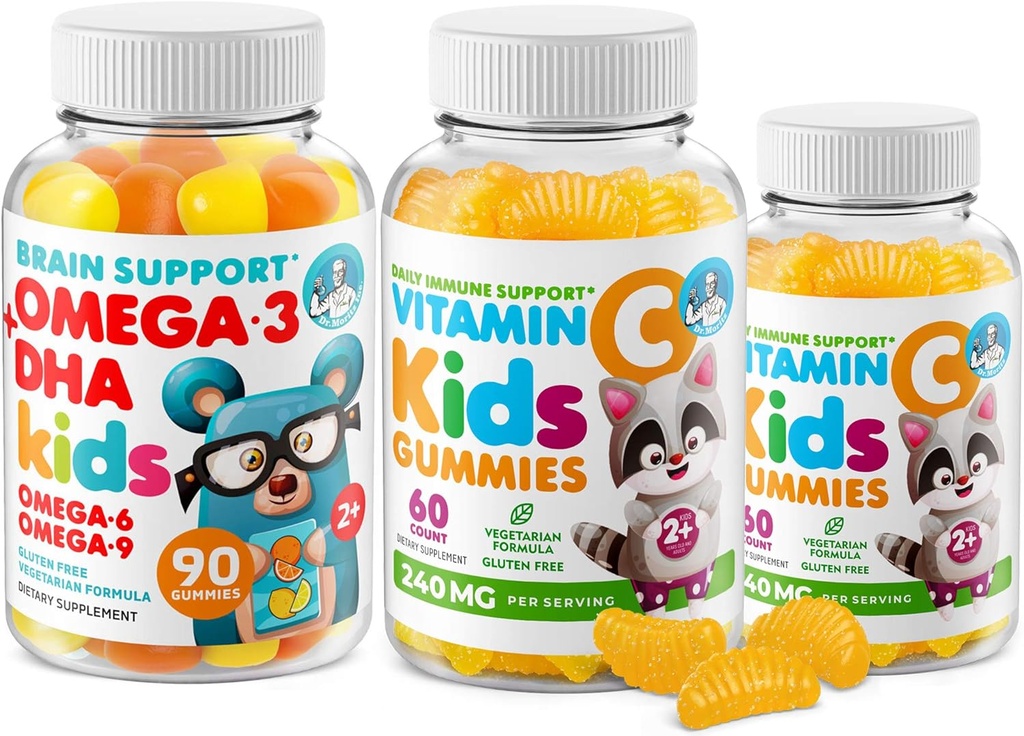 Omega-3 DHA Gumiji in vitamin C Gumiji za otroke in odrasle – Imunska podpora, nizkosladka, želatina-free, vegetarijanski, žvečljivi vitamini za malčke