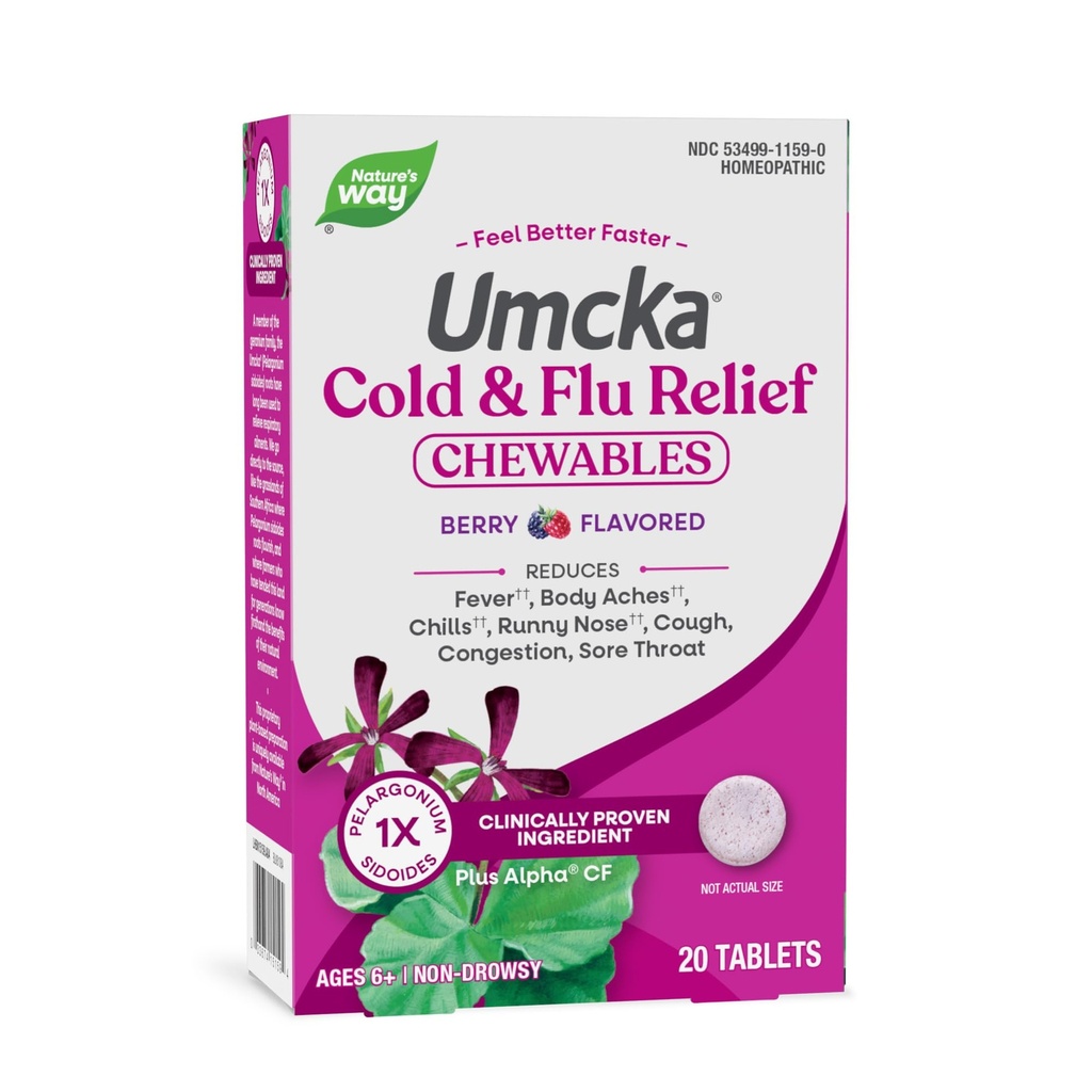 Naravne poti Cold+Flu Relief, Umcka, skrajša trajanje in zmanjša resnost, Multi-Simptom Relief, homeopatski, Phylephrine Free, Ne-Drowsy, Berry aromated, 20 Žvečljive tablete (Packaging May Vary)