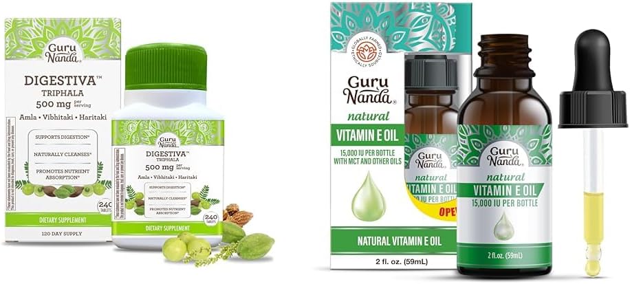 GuruNanda Digestiva Triphala (240 tablet) & Vitamin E Oil (2 Fl Oz) - Podpira prebava, pomaga z napenjanjem in zaprtjem, prehranski dodatek z Amla, Haritaki & Bibhitaki