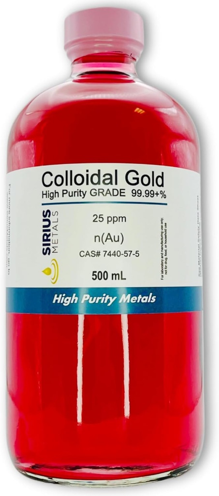 Pravo koloidno zlato – 25 ppm - 99.99+% Čistost - 500 ml (16.9 Fl Oz) v stekleni steklenici - Izdelano v ZDA