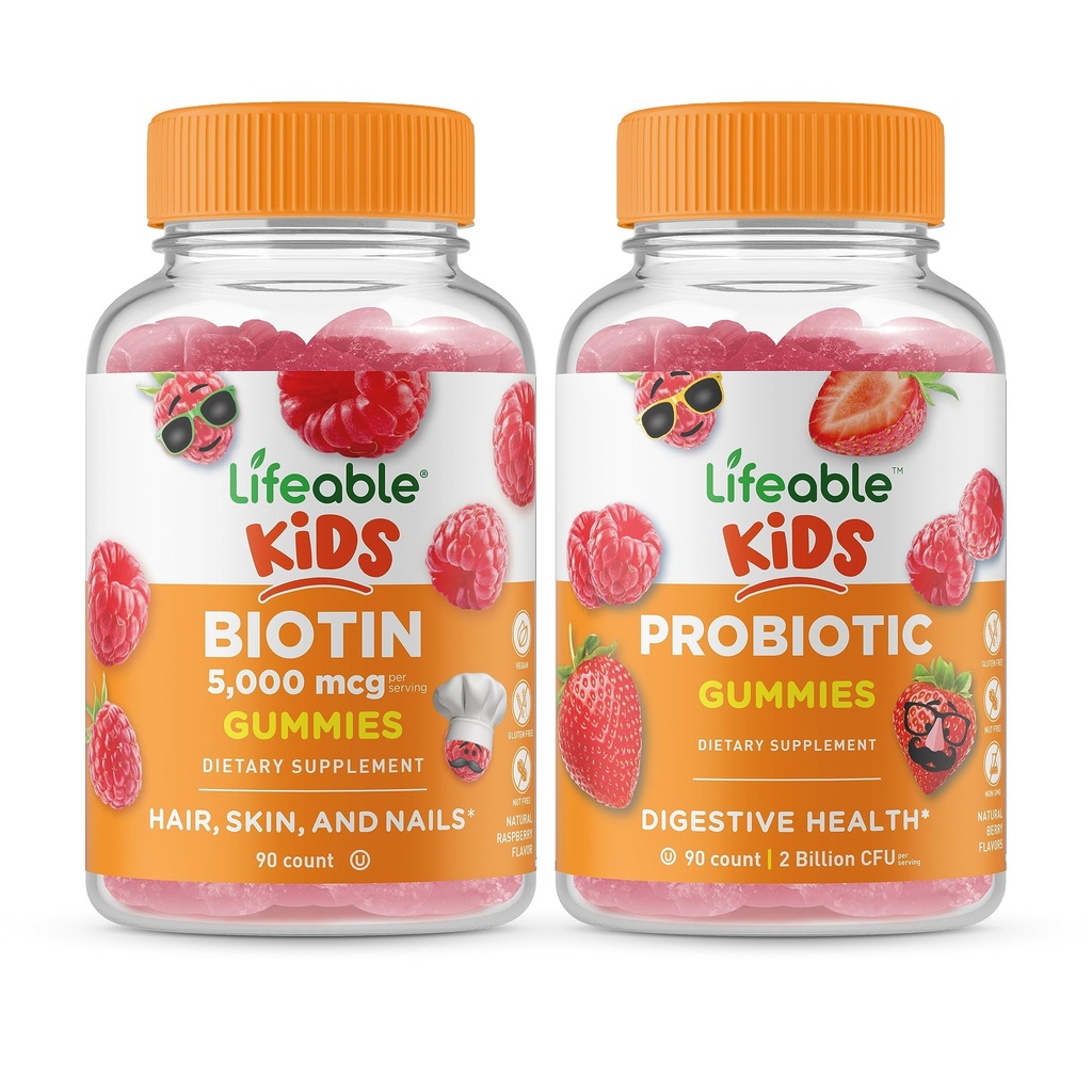 Lifeable Biotin Kids + Probiotic 2 milijarda CFU otroci, Gummies Bundle - odličen okus, Vitamin dopolnilo, Gluten brezplačno, GSO brezplačno, Žvečljivi Gummy