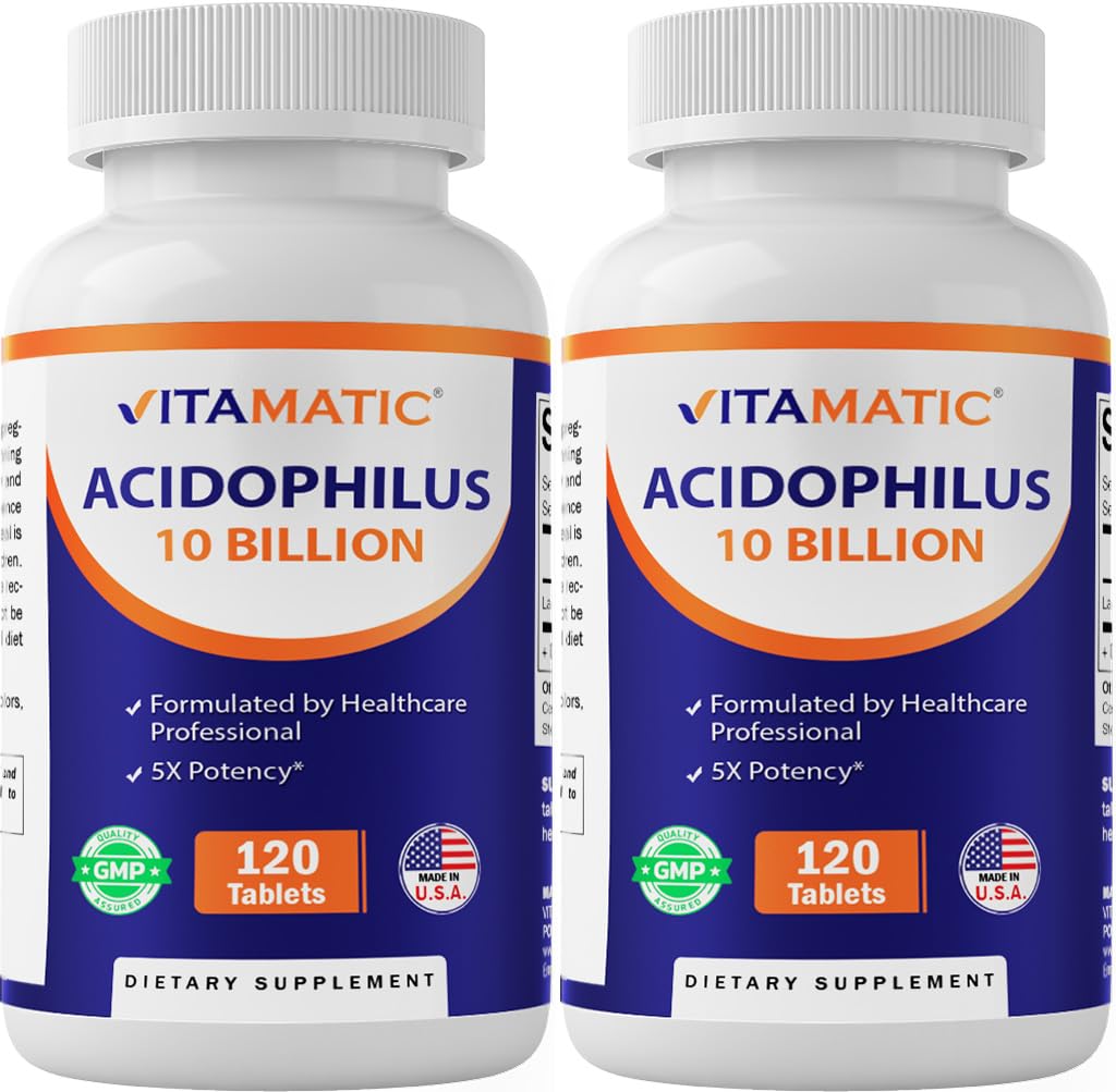 Vitamatski 2 paketi Acidophilus Probiotic - 10 milijard CFU - 120 tablet - 5X Potence - Dnevni Probiotic dodatek, Podpira prebavno zdravje (skupaj 240 tablet)
