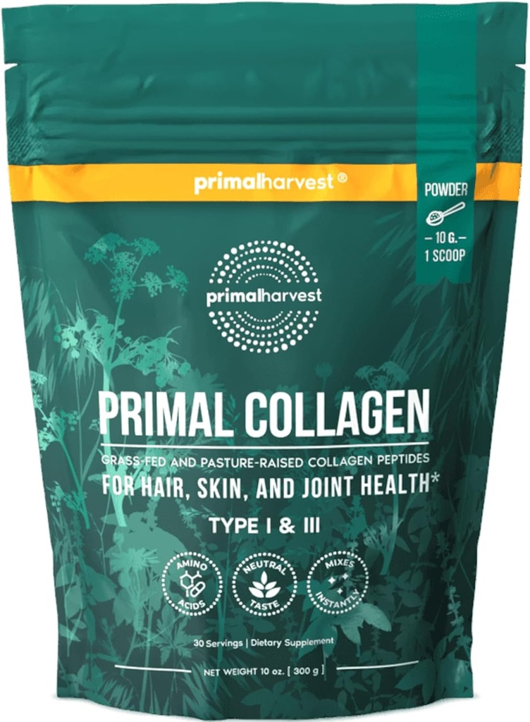 Primarni žetev kolagen v prahu za ženske ali moške Primagen peptidi v prahu tipa I in III, 10 Oz kolagenski protein v prahu za lase, kožo, nohte (enojni, brez arome)