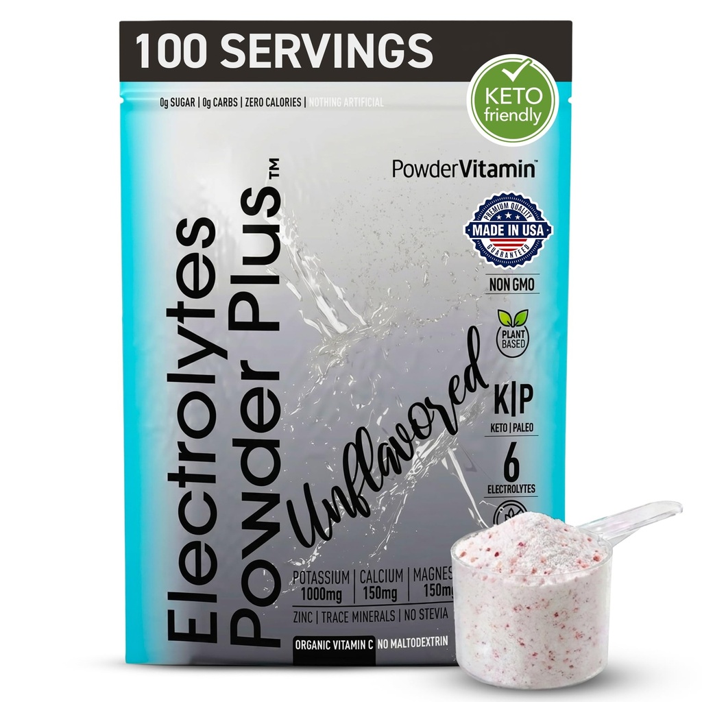 PowerVitamin Unflavored Elektroliti v prahu Brez sladkorja za dnevno energijo - Keto Elektroliti - Hidracija v prahu s 1000mg kalija, 120mg kalcija, magnezija, št Stevia, 100 Serving