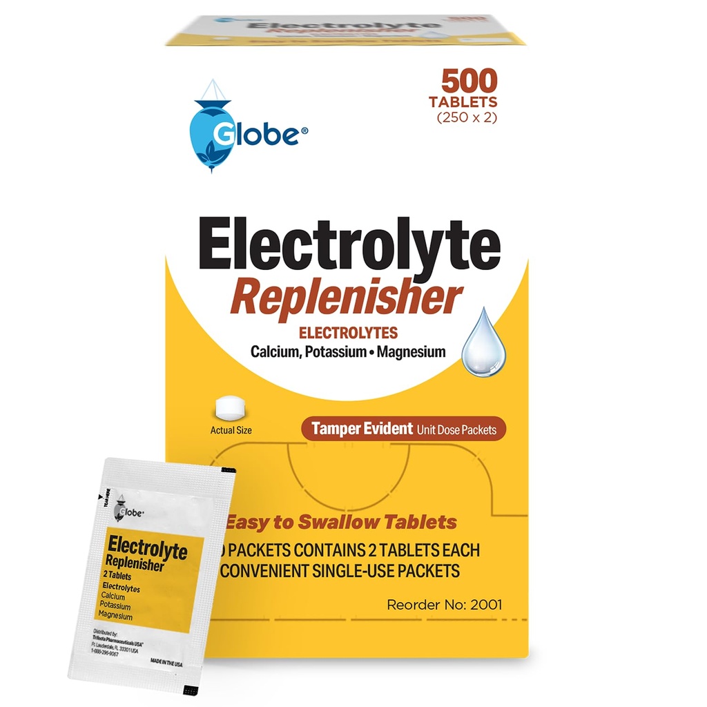 Globe Elektrolit Nadomestne tablete za hitro hidracijo in okrevanje vadbe (500 tablet, 250 paketov po 2) za športnike, pohodništvo in šport, potovalne pakete s ključnimi hranili za optimalno vzdržljivost