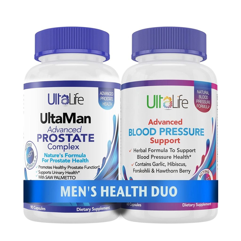 ULTALIFE moški zdravje Duo - 2 steklenice - ena prostate podpora kompleks z žaga Palmetto & Beta sitosterol & ena visoko krvnega tlaka dodatek z česen & Hawthorn Berry hitro delujoče kapsule za moške