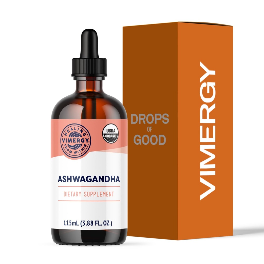 Vimergy USDA Organic Ashwagandha Liquid Extract, 57 Serving – Stress dodatek kapljice – Adaptogen - Podpira Kognitivne funkcije – Podpora za spanje – Alkohol-free, Non-GMO, Vegan & Paleo prijazno (115 ml)
